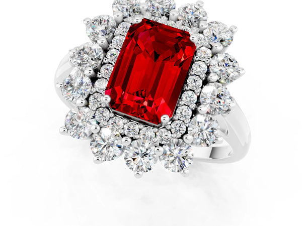 Platinum Emerald Cut Ruby Floral Double Halo Engagement Ring with Prong Setting