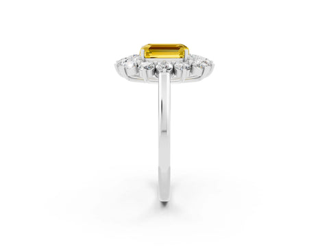 White gold Emerald Cut Halo Cluster Diamond Ring with Pave Band and Four-Prong Setting_25