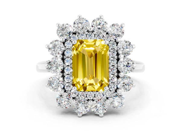 Silver Emerald Cut Yellow Sapphire Floral Double Halo Engagement Ring with Prong Setting