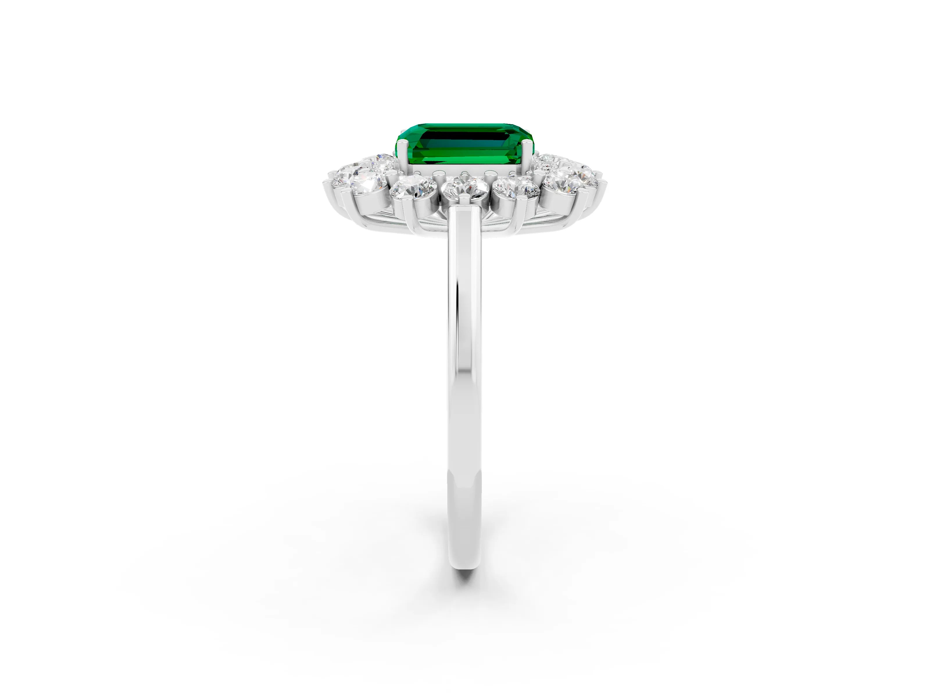 White gold Emerald Cut Halo Cluster Diamond Ring with Pave Band and Four-Prong Setting_26
