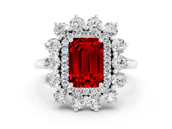 Silver Emerald Cut Ruby Floral Double Halo Engagement Ring with Prong Setting