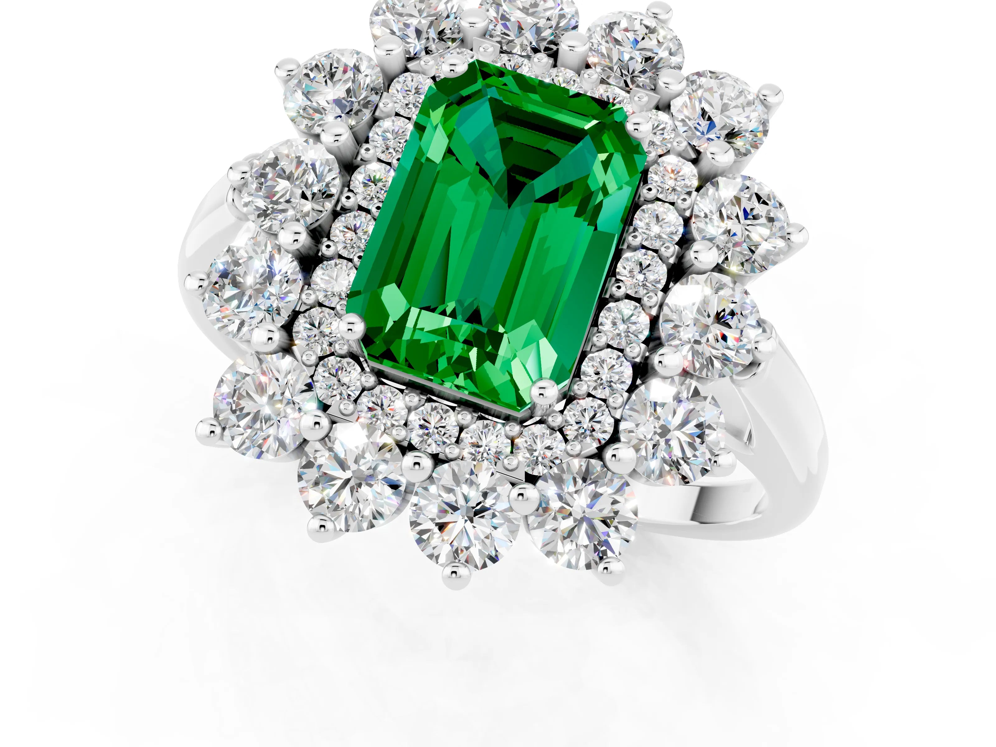 White gold Emerald Cut Halo Cluster Diamond Ring with Pave Band and Four-Prong Setting_26