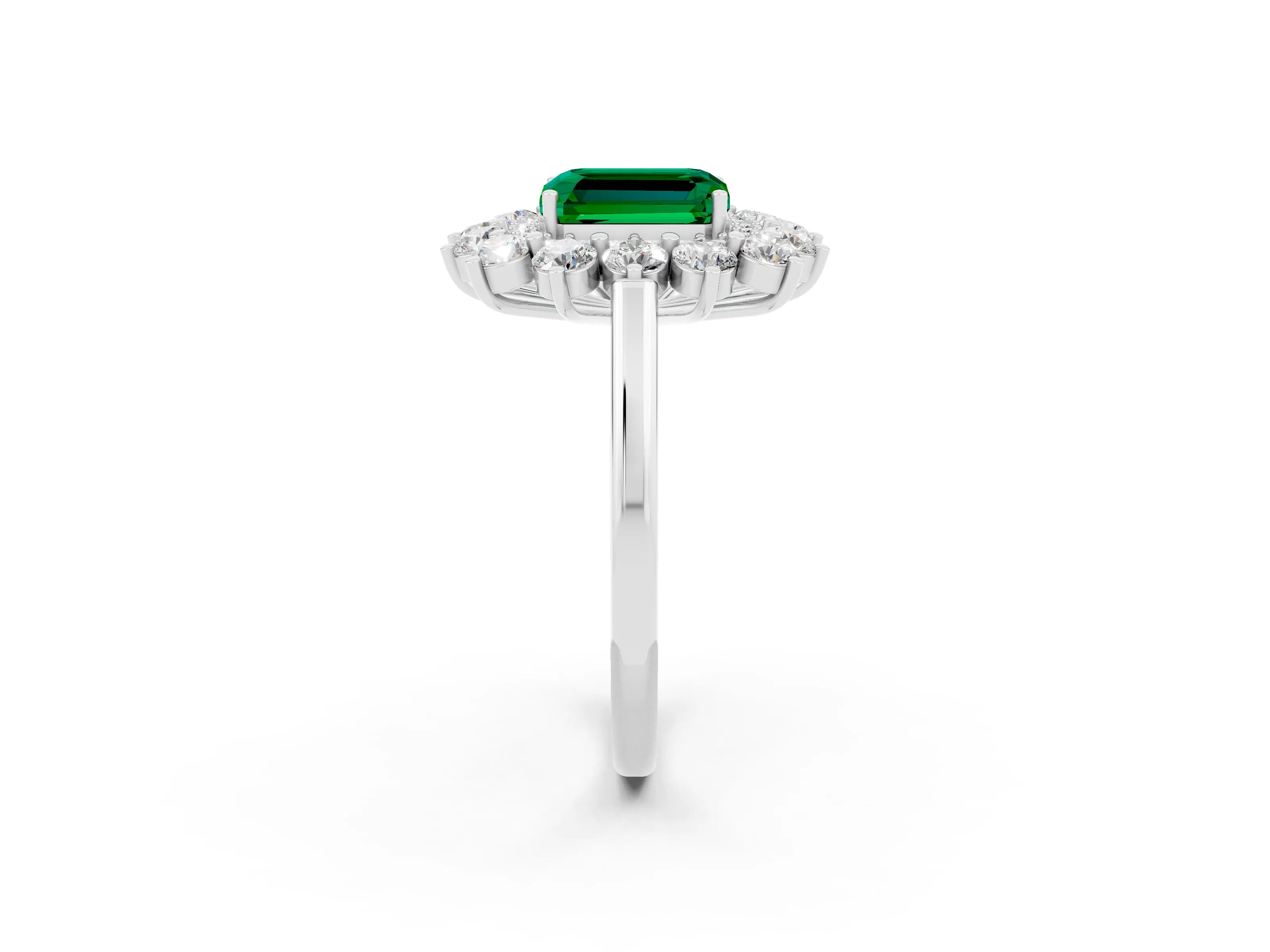White gold Emerald Cut Halo Cluster Diamond Ring with Pave Band and Four-Prong Setting_26