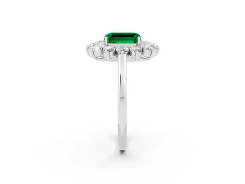 White gold Emerald Cut Halo Cluster Diamond Ring with Pave Band and Four-Prong Setting_26
