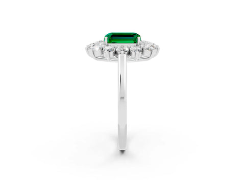 White gold Emerald Cut Halo Cluster Diamond Ring with Pave Band and Four-Prong Setting_26