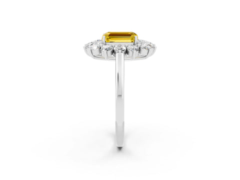 White gold Emerald Cut Halo Cluster Diamond Ring with Pave Band and Four-Prong Setting_27