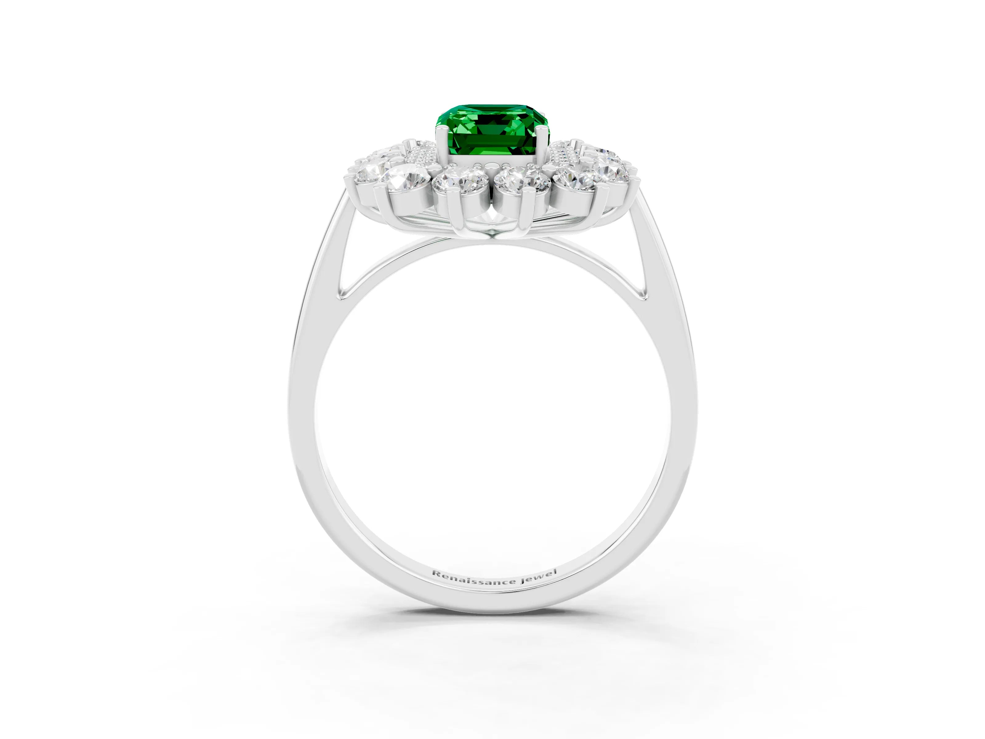 White gold Emerald Cut Halo Cluster Diamond Ring with Pave Band and Four-Prong Setting_27