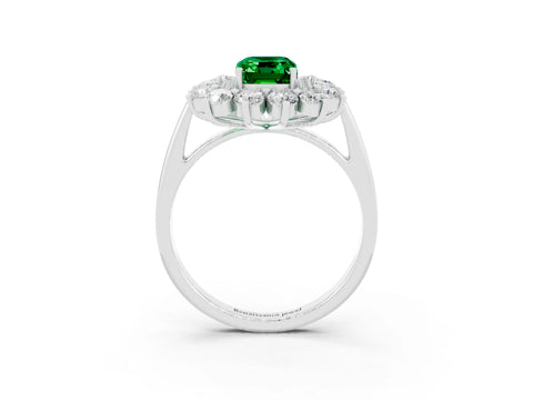White gold Emerald Cut Halo Cluster Diamond Ring with Pave Band and Four-Prong Setting_27
