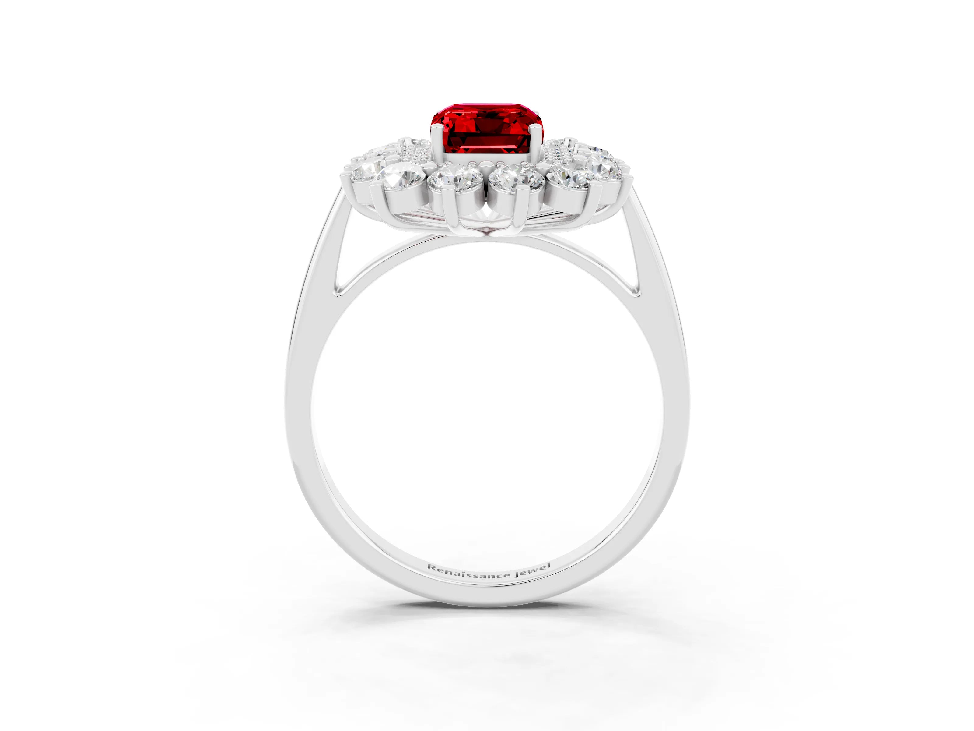 White gold Emerald Cut Halo Cluster Diamond Ring with Pave Band and Four-Prong Setting_27