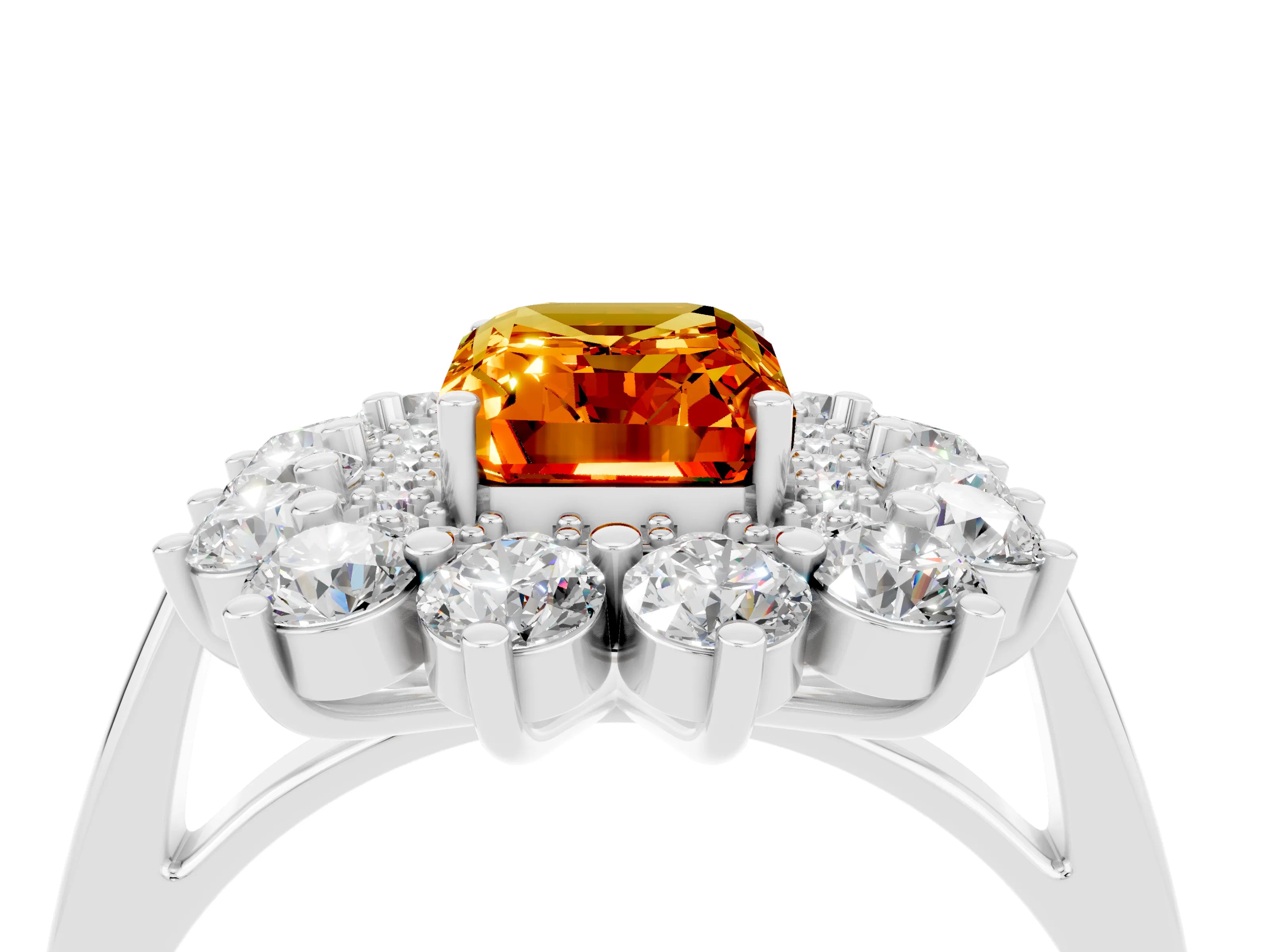 White gold Emerald Cut Halo Cluster Diamond Ring with Pave Band and Four-Prong Setting_28