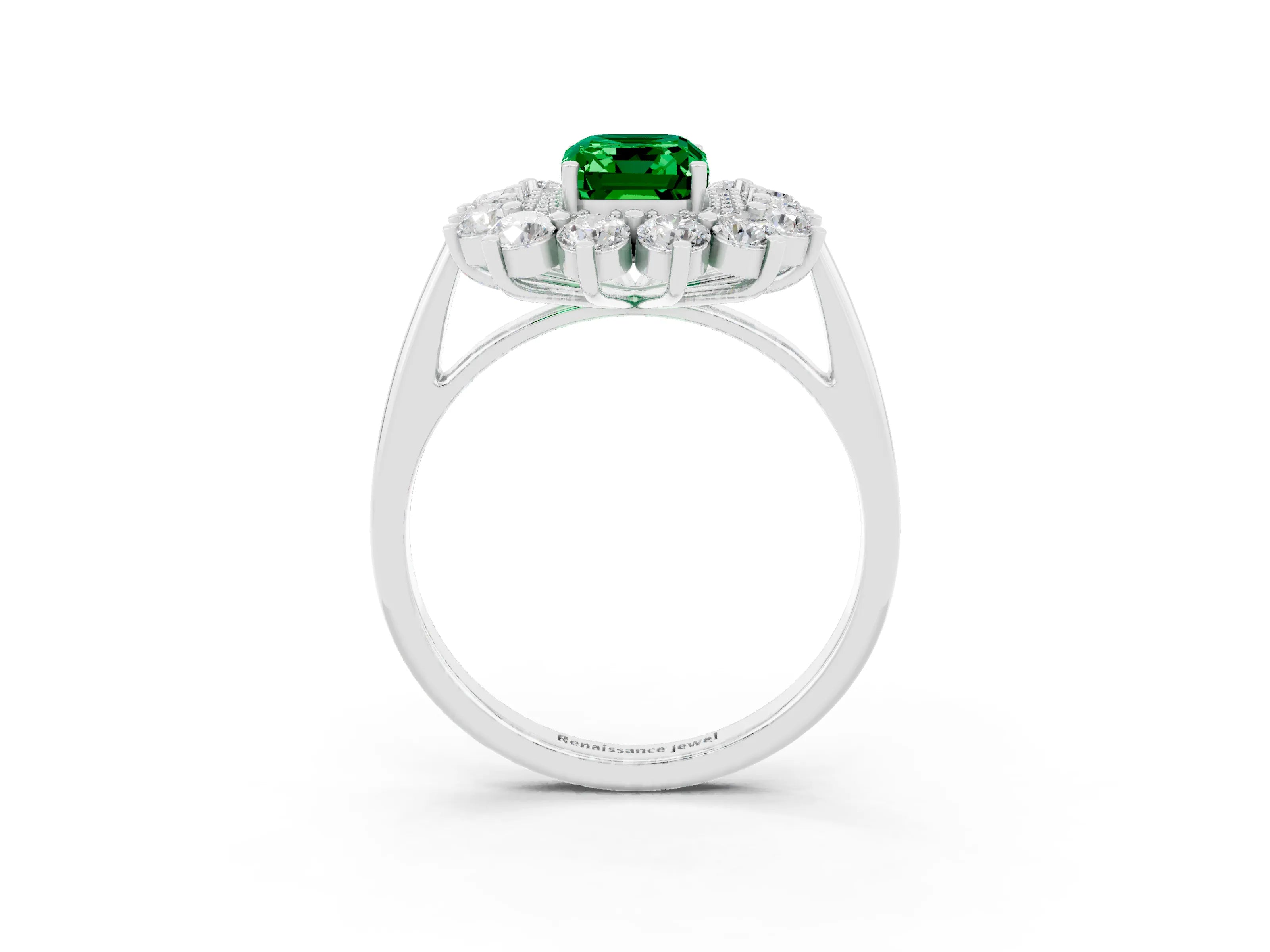 White gold Emerald Cut Halo Cluster Diamond Ring with Pave Band and Four-Prong Setting_28