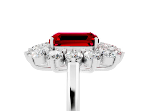 White gold Emerald Cut Halo Cluster Diamond Ring with Pave Band and Four-Prong Setting_29