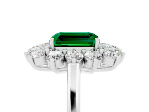 White gold Emerald Cut Halo Cluster Diamond Ring with Pave Band and Four-Prong Setting_29