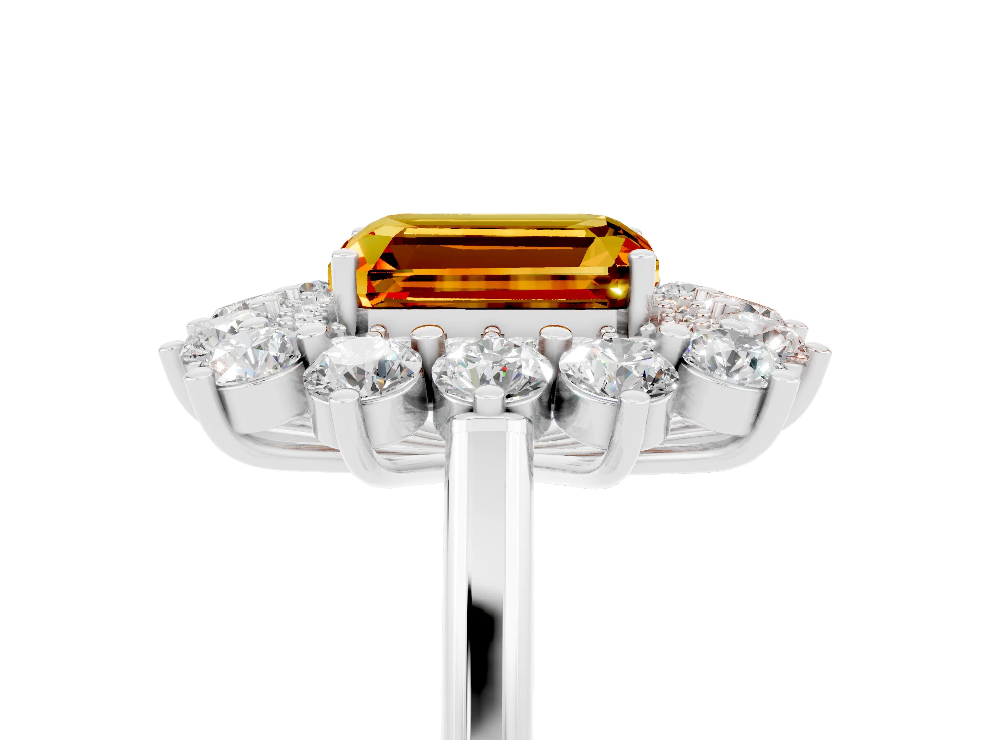 White gold Emerald Cut Halo Cluster Diamond Ring with Pave Band and Four-Prong Setting_29