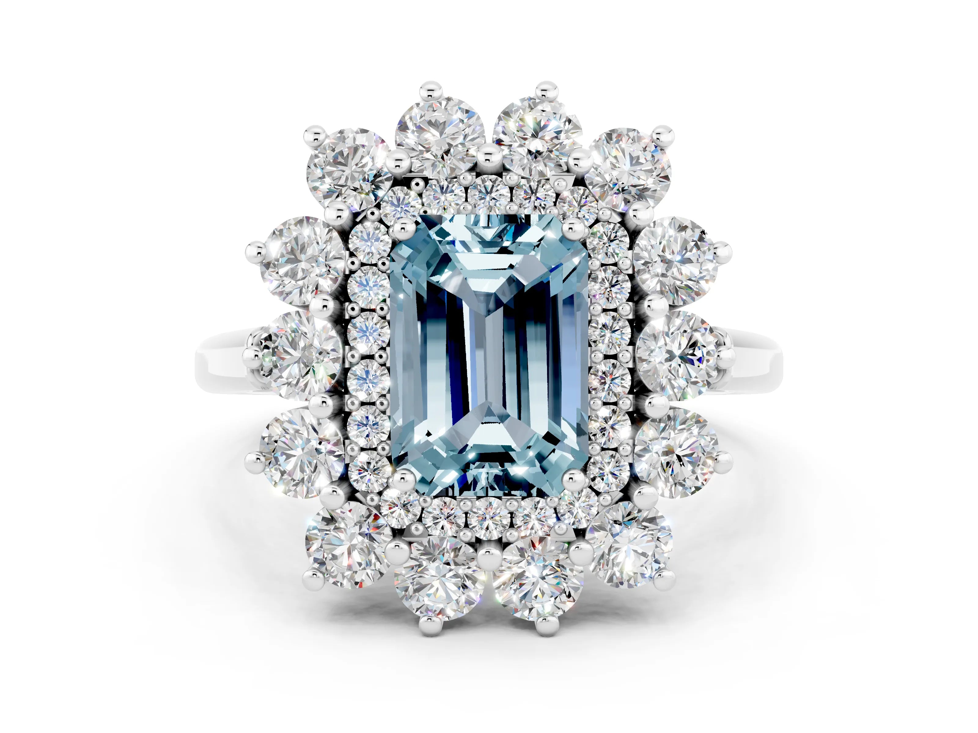 White gold Emerald Cut Halo Cluster Diamond Ring with Pave Band and Four-Prong Setting_29