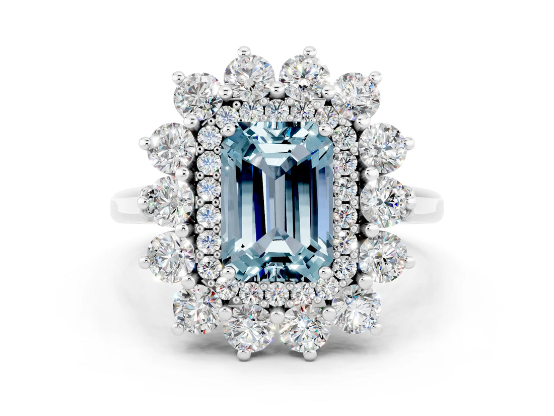 White gold Emerald Cut Halo Cluster Diamond Ring with Pave Band and Four-Prong Setting_29