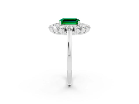 White gold Emerald Cut Halo Cluster Diamond Ring with Pave Band and Four-Prong Setting_2