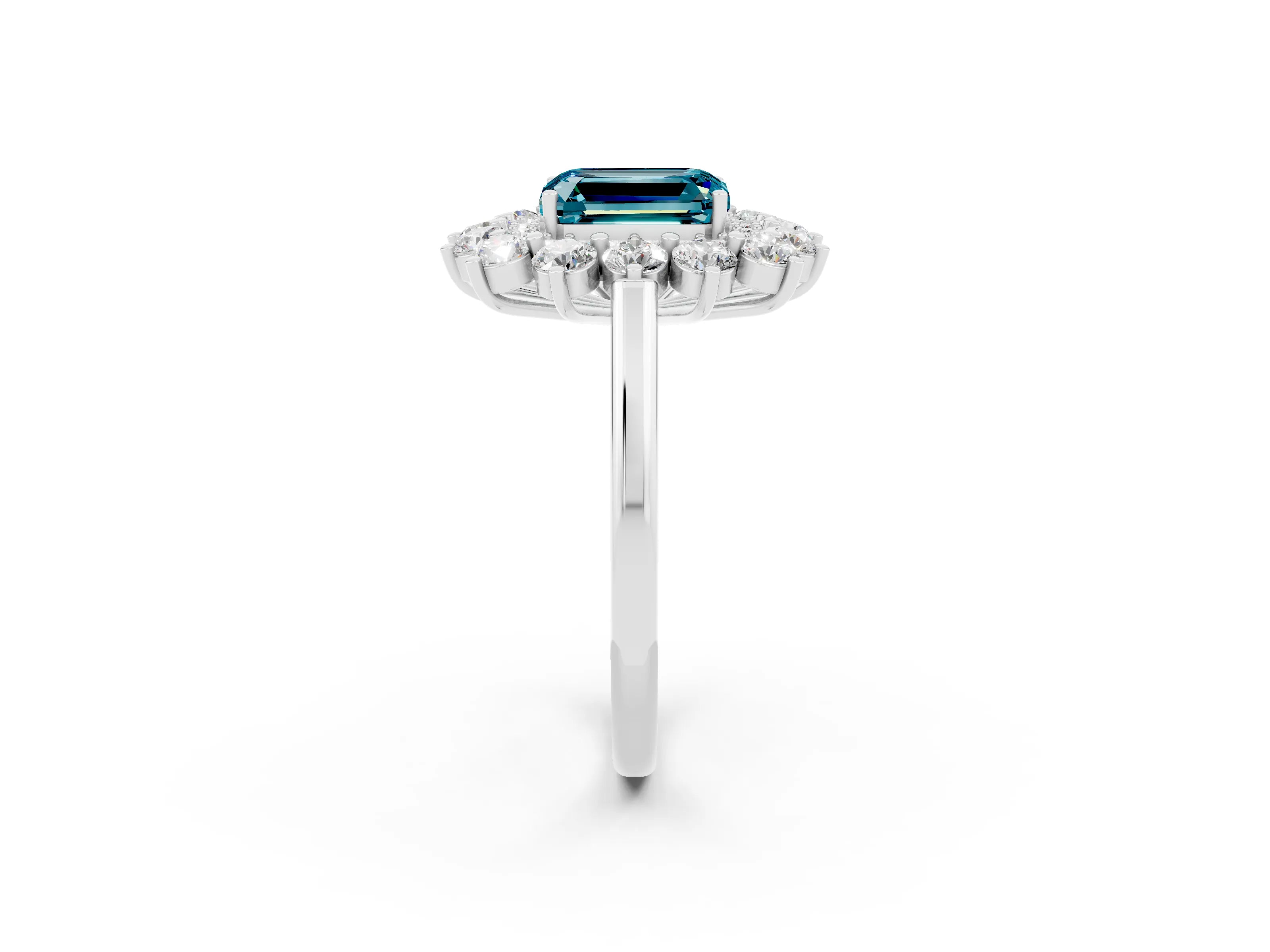 White gold Emerald Cut Halo Cluster Diamond Ring with Pave Band and Four-Prong Setting_2