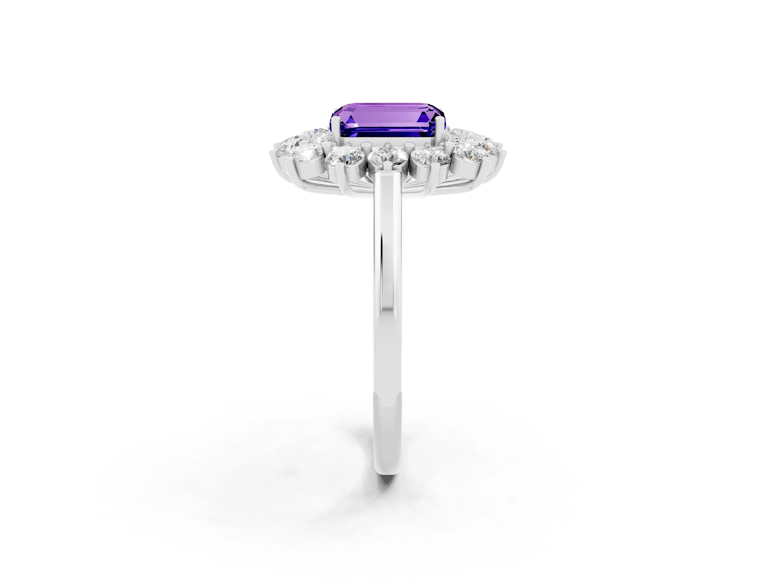 White gold Emerald Cut Halo Cluster Diamond Ring with Pave Band and Four-Prong Setting_2