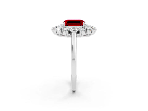 White gold Emerald Cut Halo Cluster Diamond Ring with Pave Band and Four-Prong Setting_2