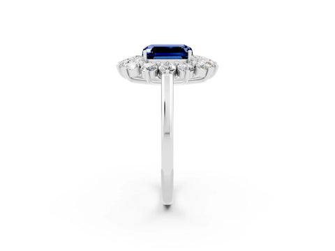 White gold Emerald Cut Halo Cluster Diamond Ring with Pave Band and Four-Prong Setting_2