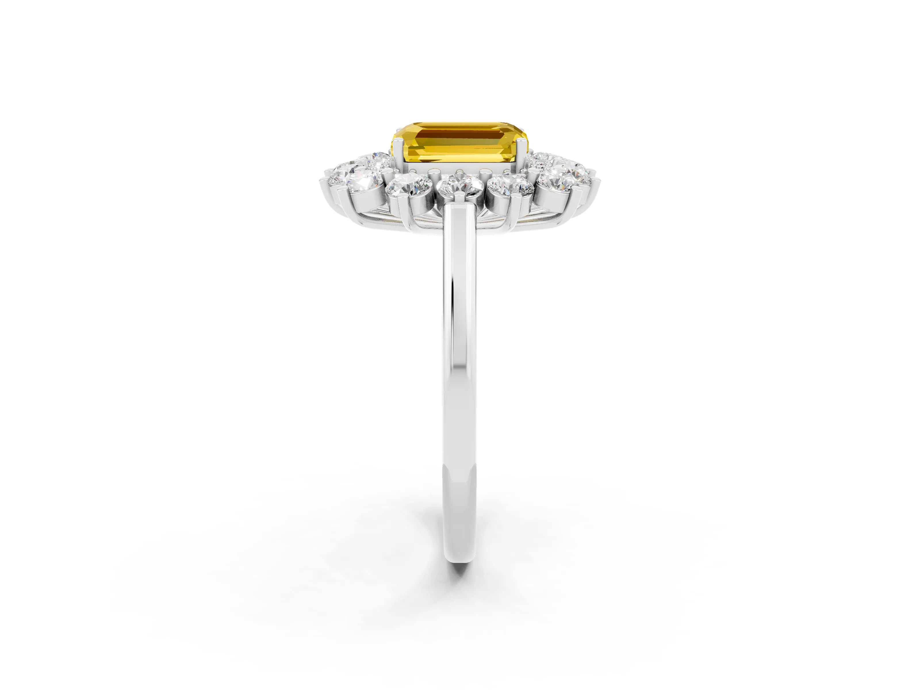 White gold Emerald Cut Halo Cluster Diamond Ring with Pave Band and Four-Prong Setting_2