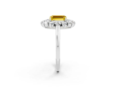 White gold Emerald Cut Halo Cluster Diamond Ring with Pave Band and Four-Prong Setting_2