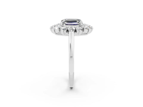 White gold Emerald Cut Halo Cluster Diamond Ring with Pave Band and Four-Prong Setting_2