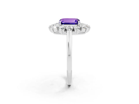 White gold Emerald Cut Halo Cluster Diamond Ring with Pave Band and Four-Prong Setting_2