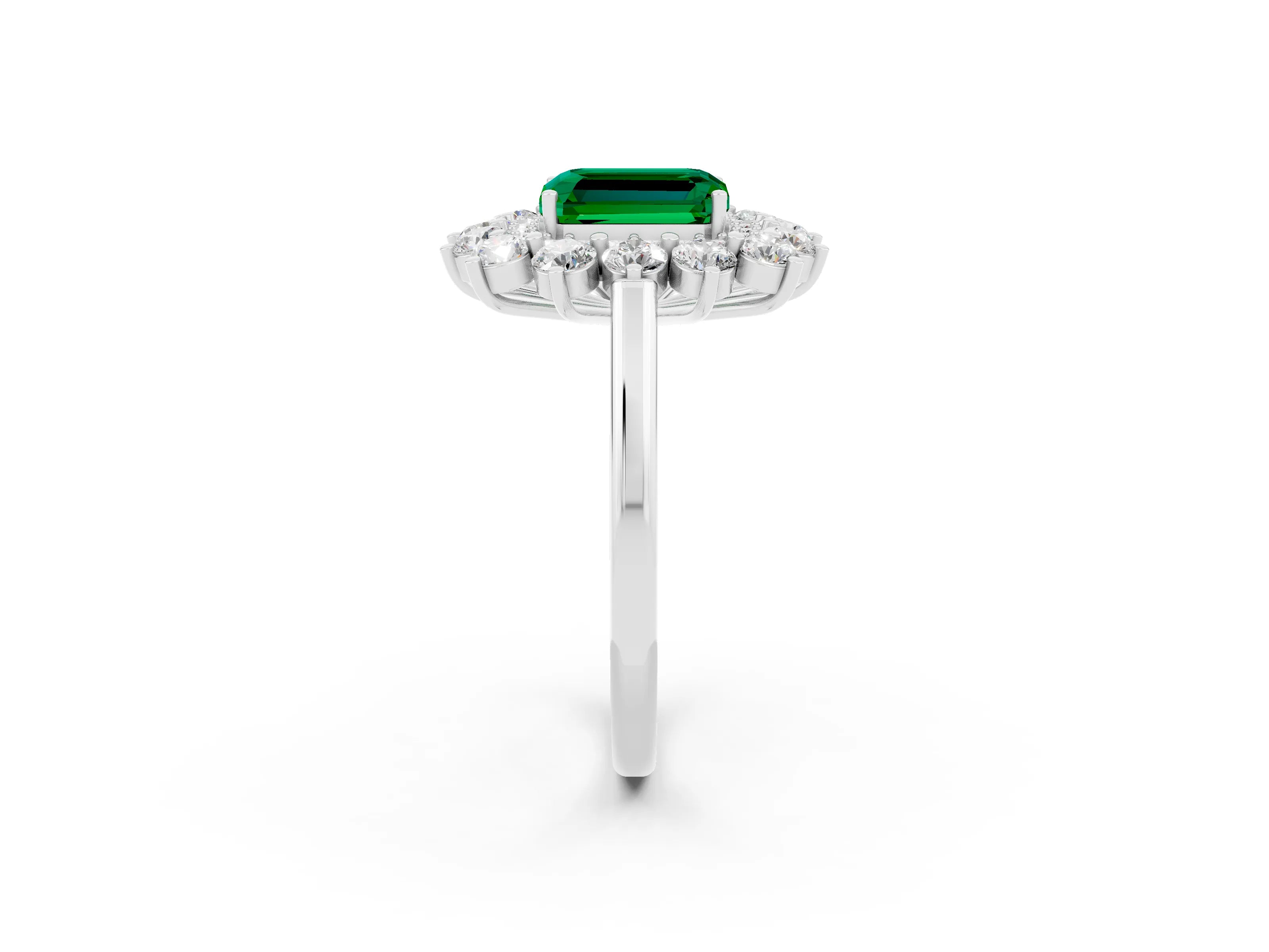 White gold Emerald Cut Halo Cluster Diamond Ring with Pave Band and Four-Prong Setting_2