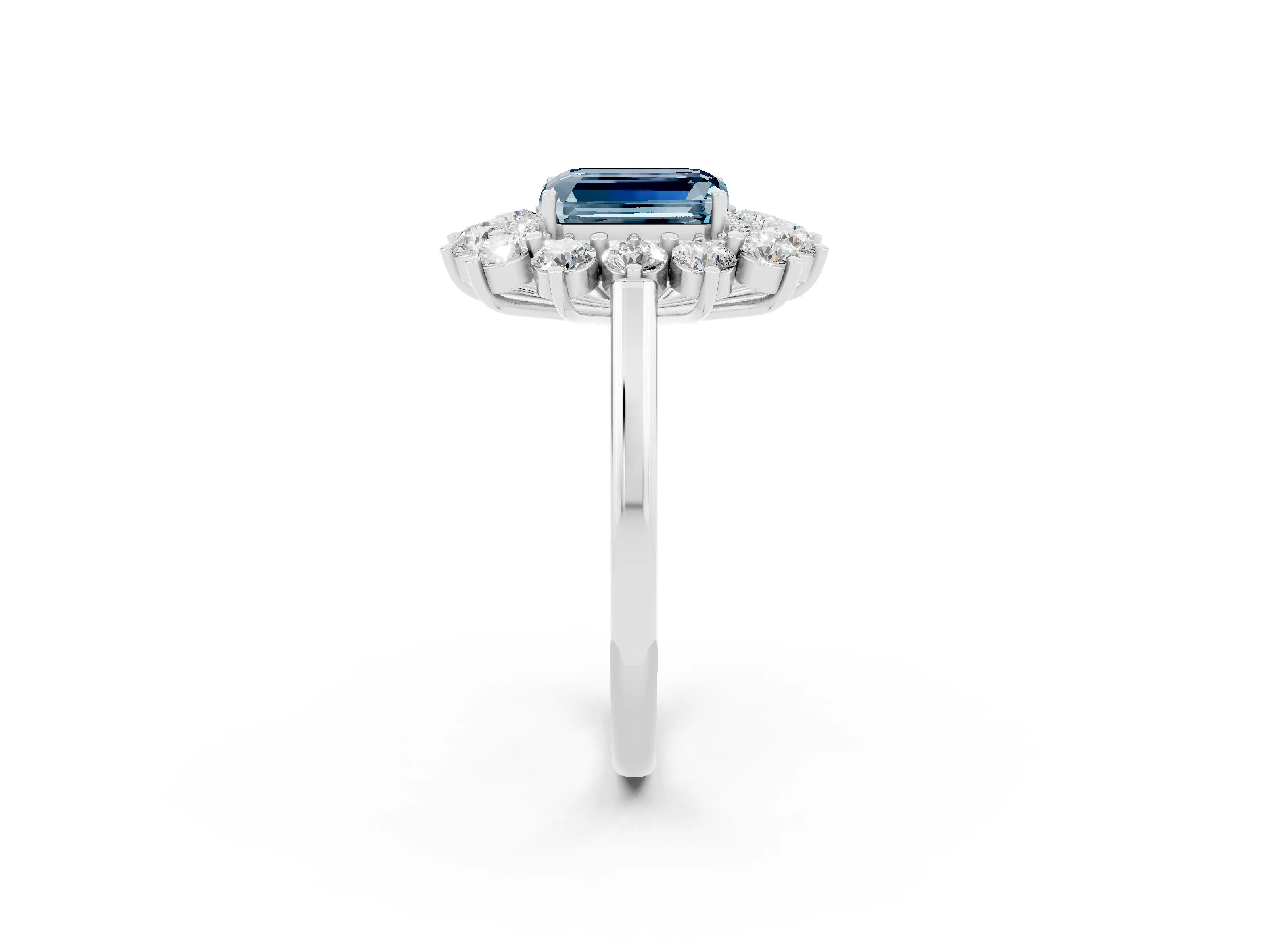 White gold Emerald Cut Halo Cluster Diamond Ring with Pave Band and Four-Prong Setting_2