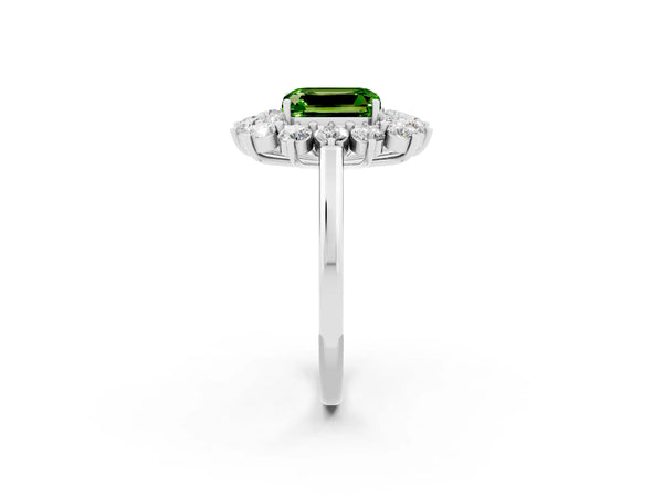 Silver Emerald Cut Halo Cluster Diamond Ring with Pave Band and Four-Prong Setting