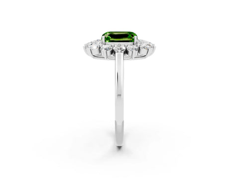 White gold Emerald Cut Halo Cluster Diamond Ring with Pave Band and Four-Prong Setting_2