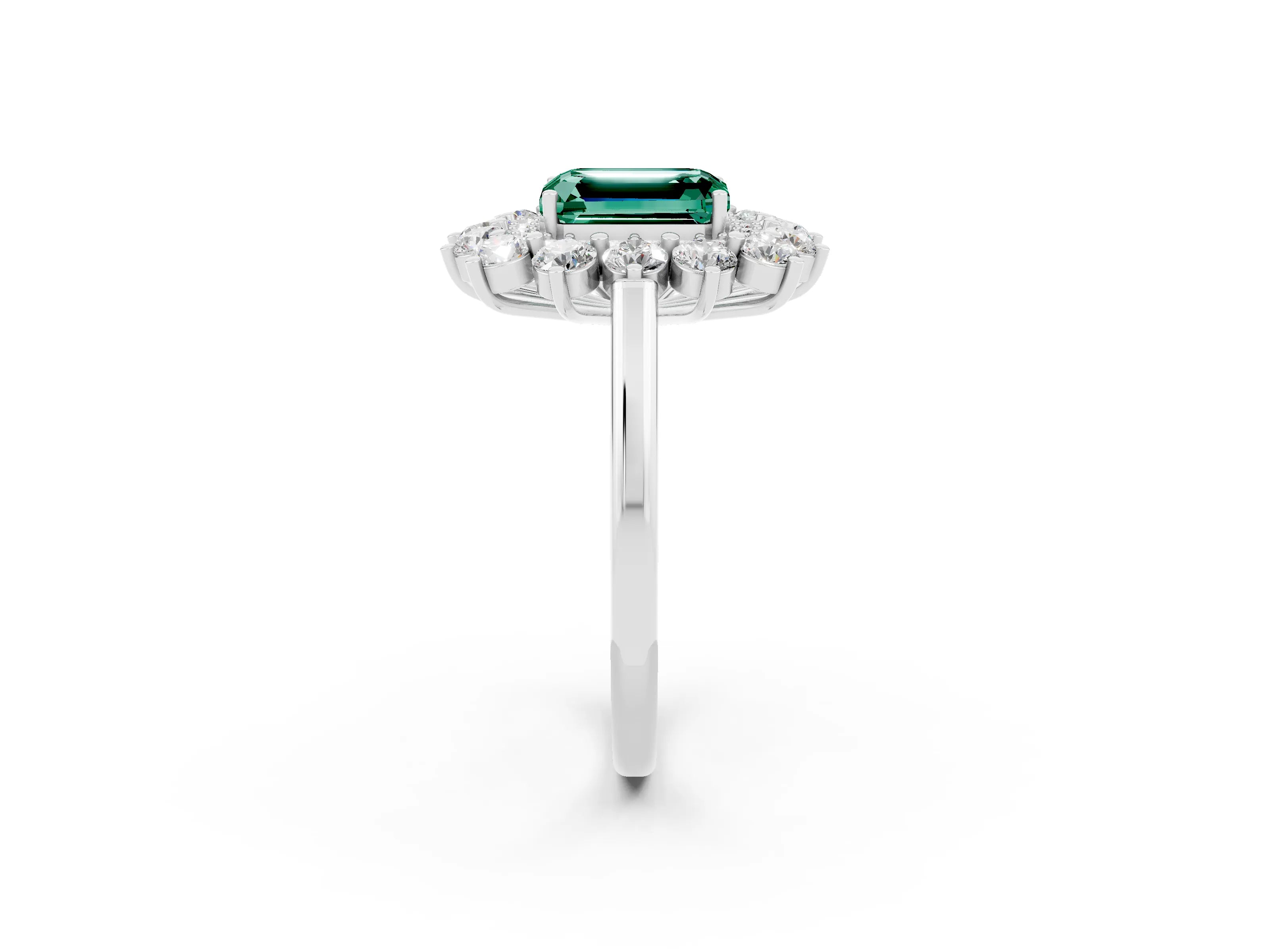 White gold Emerald Cut Halo Cluster Diamond Ring with Pave Band and Four-Prong Setting_2