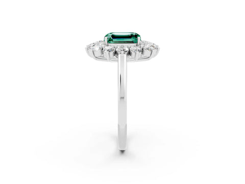 White gold Emerald Cut Halo Cluster Diamond Ring with Pave Band and Four-Prong Setting_2