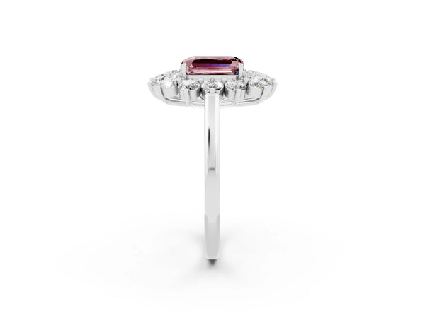 White gold Emerald Cut Halo Cluster Diamond Ring with Pave Band and Four-Prong Setting
