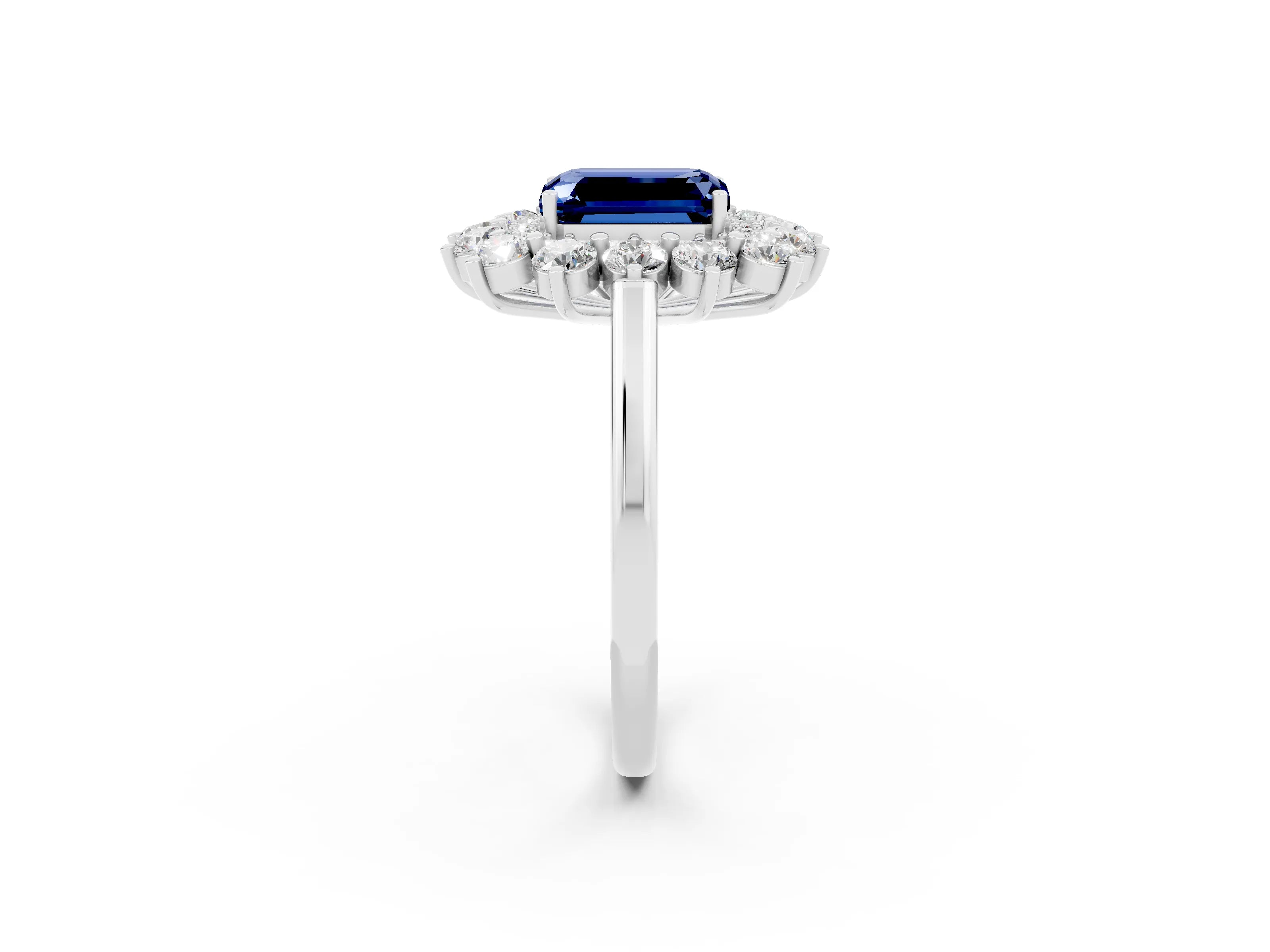 White gold Emerald Cut Halo Cluster Diamond Ring with Pave Band and Four-Prong Setting_2