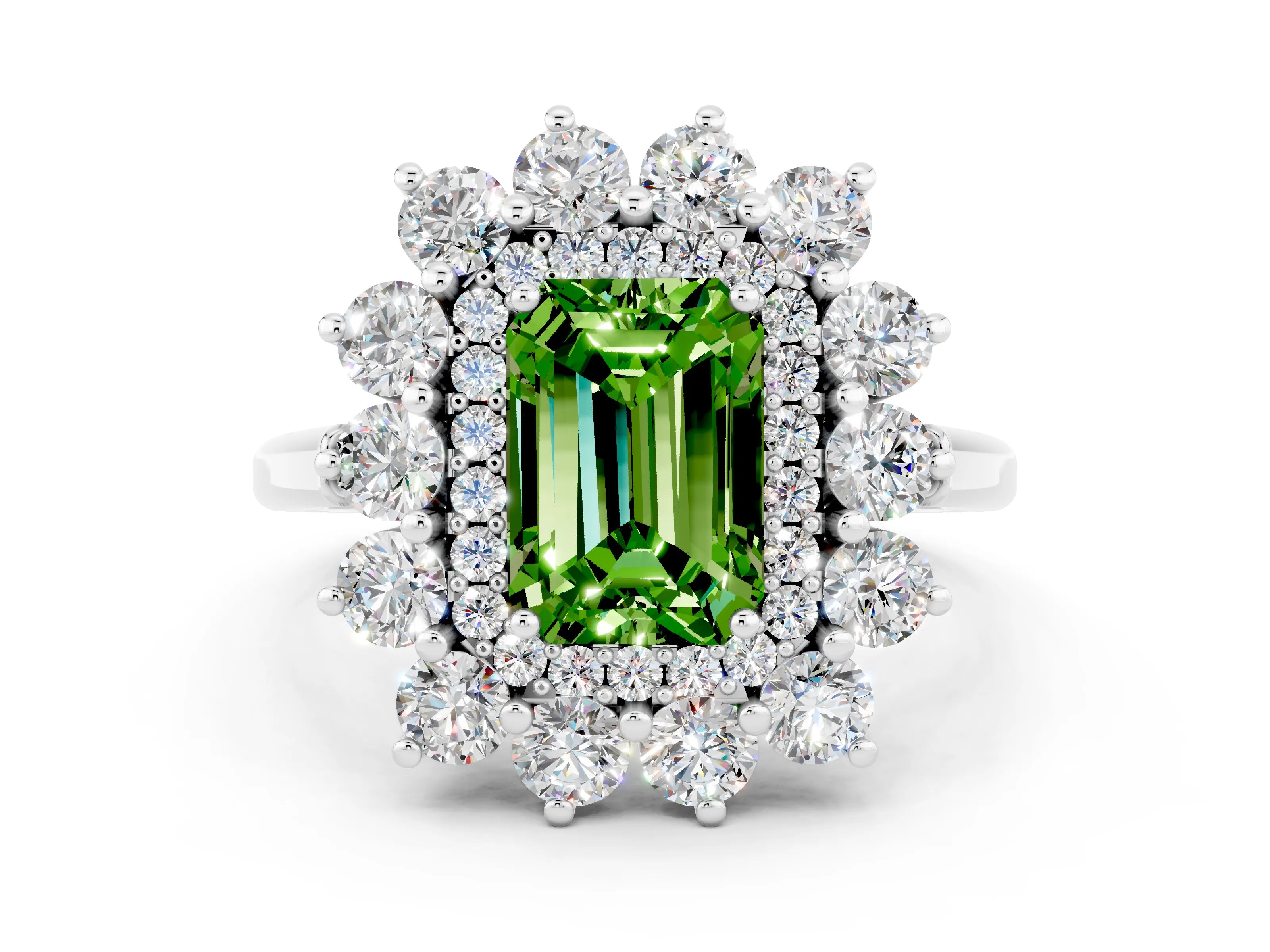White gold Emerald Cut Halo Cluster Diamond Ring with Pave Band and Four-Prong Setting