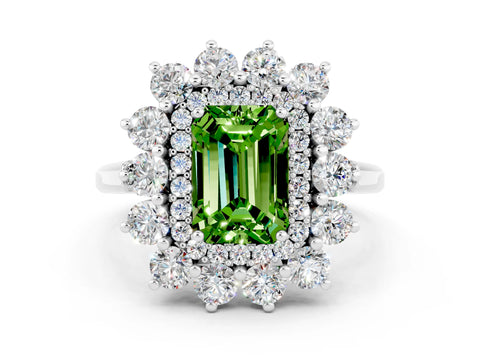 White gold Emerald Cut Halo Cluster Diamond Ring with Pave Band and Four-Prong Setting