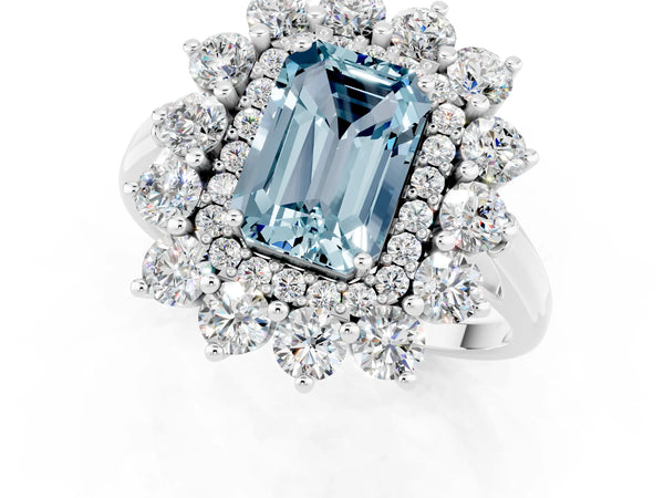 Platinum Emerald Cut Aquamarine Floral Double Halo Engagement Ring with Prong Setting