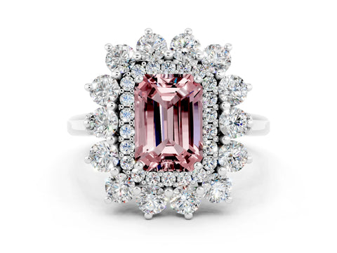 White gold Emerald Cut Halo Cluster Diamond Ring with Pave Band and Four-Prong Setting