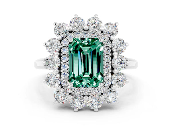Silver Emerald Cut Green Sapphire Floral Double Halo Engagement Ring with Prong Setting