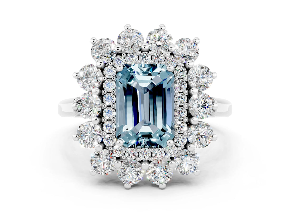 White gold Emerald Cut Halo Cluster Diamond Ring with Pave Band and Four-Prong Setting_30