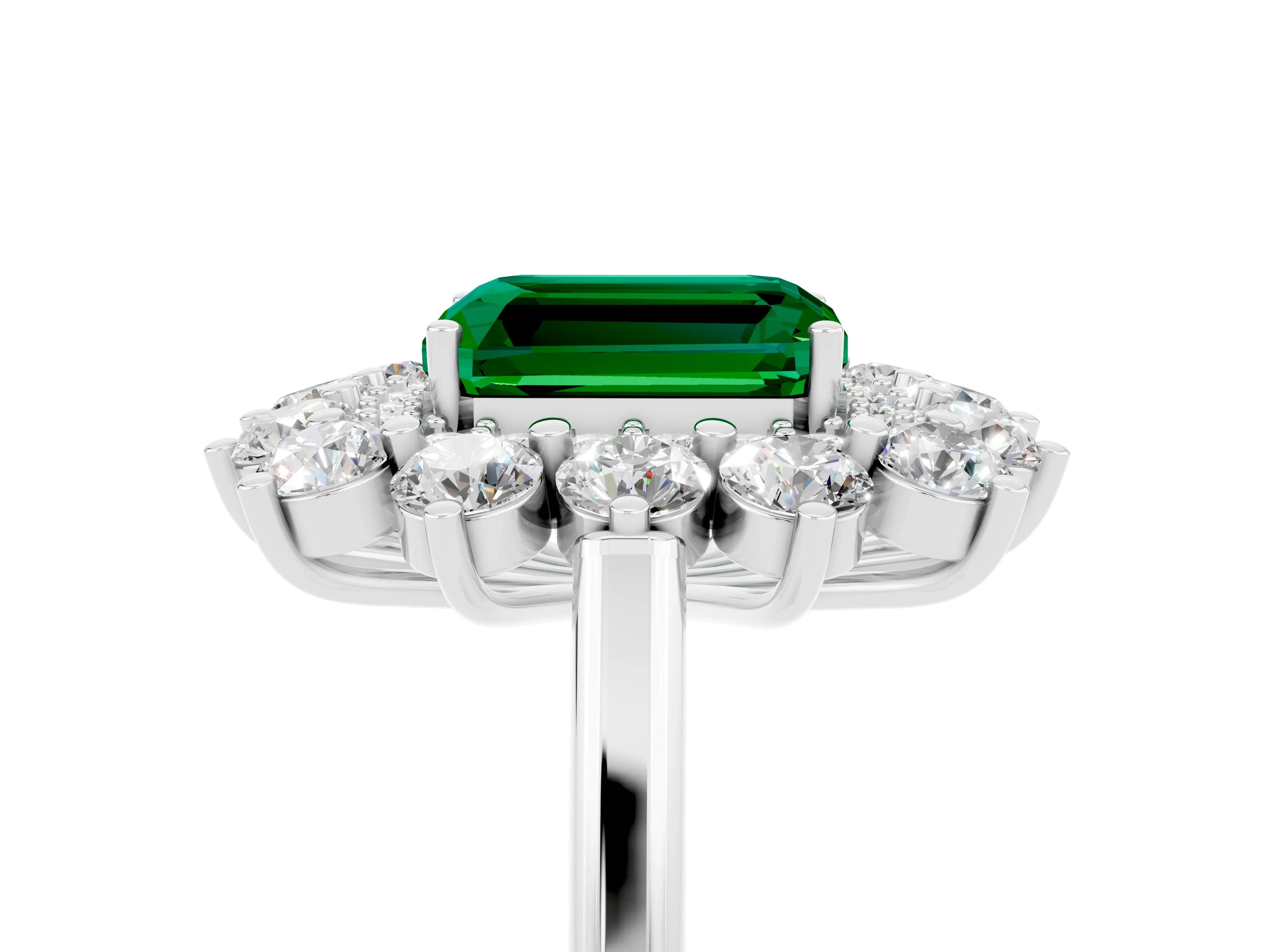 White gold Emerald Cut Halo Cluster Diamond Ring with Pave Band and Four-Prong Setting_30