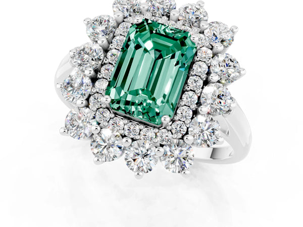 Silver Emerald Cut Green Sapphire Floral Double Halo Engagement Ring with Prong Setting