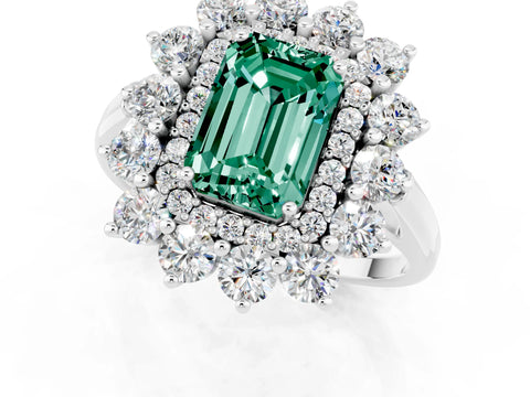 White gold Emerald Cut Halo Cluster Diamond Ring with Pave Band and Four-Prong Setting_31