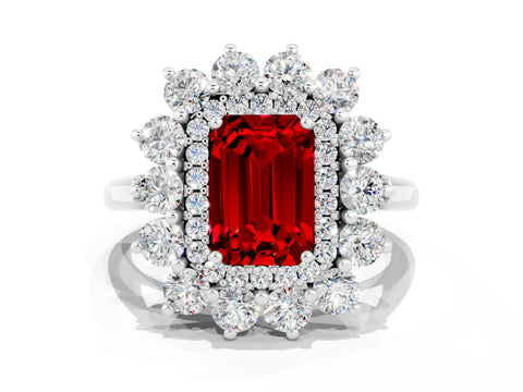 White gold Emerald Cut Halo Cluster Diamond Ring with Pave Band and Four-Prong Setting