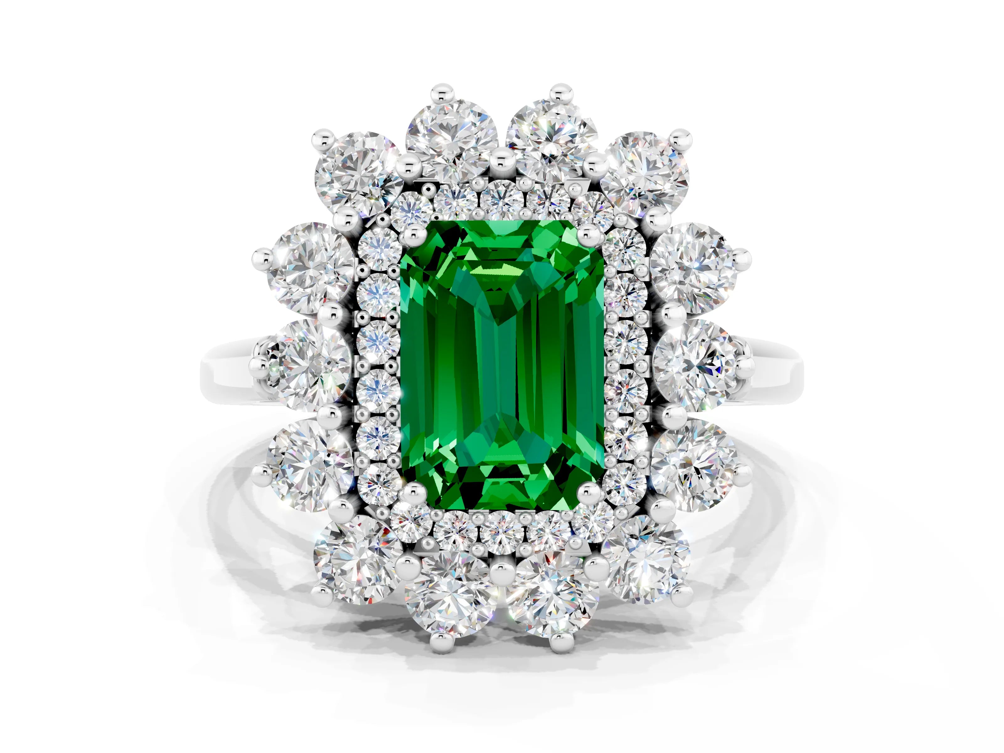 White gold Emerald Cut Halo Cluster Diamond Ring with Pave Band and Four-Prong Setting