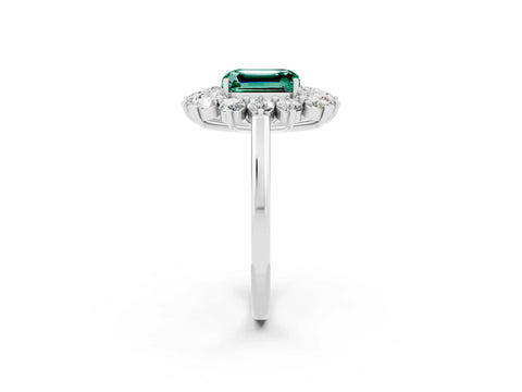 White gold Emerald Cut Halo Cluster Diamond Ring with Pave Band and Four-Prong Setting_32