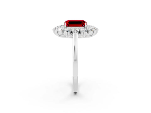 White gold Emerald Cut Halo Cluster Diamond Ring with Pave Band and Four-Prong Setting_32